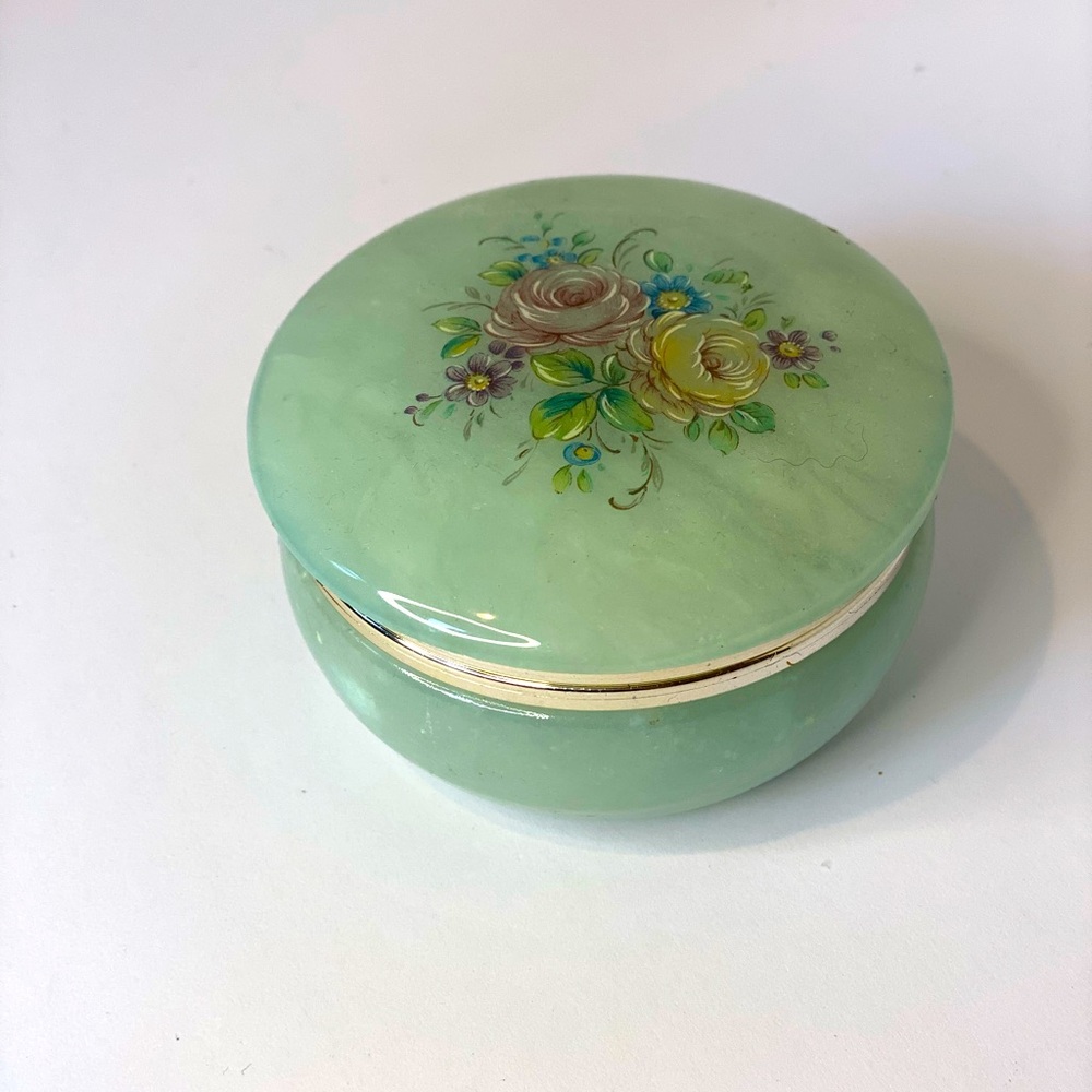 Italian vintage hand painted alabaster round floral trinket box